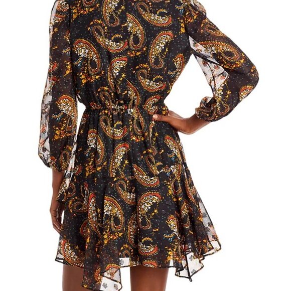 Sam Edelman Paisley Ruffles V-Neck Sheer Sleeves Drawstring Tie Waist Dress - Picture 3 of 3